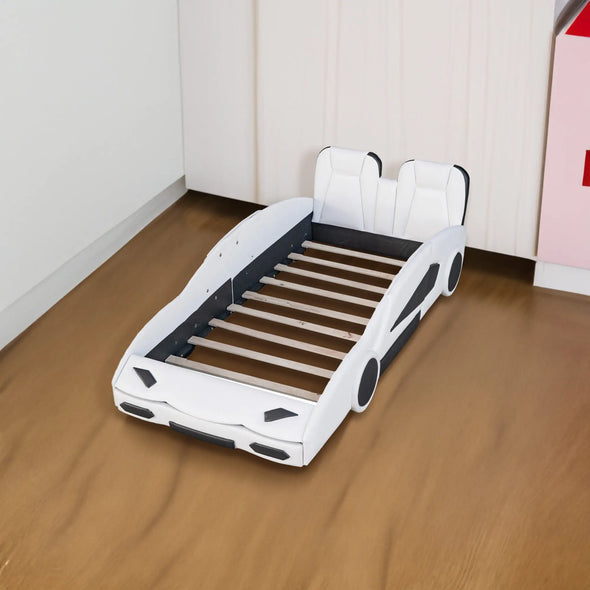 Twin Size Race Car-Shaped Platform Bed with Wheels, White eprolo Twin Size Race Car-Shaped Bold&Bright