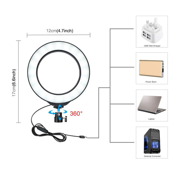 12cm USB 3 Modes Dimmable LED Ring Vlogging Photography Video Lights with Cold Shoe Tripod Ball Head - Bold&Bright 12cm USB 3 Modes Dimmable LED Ring Vlogging Photography Video Lights with Cold Shoe Tripod Ball Head   eprolo 31.82